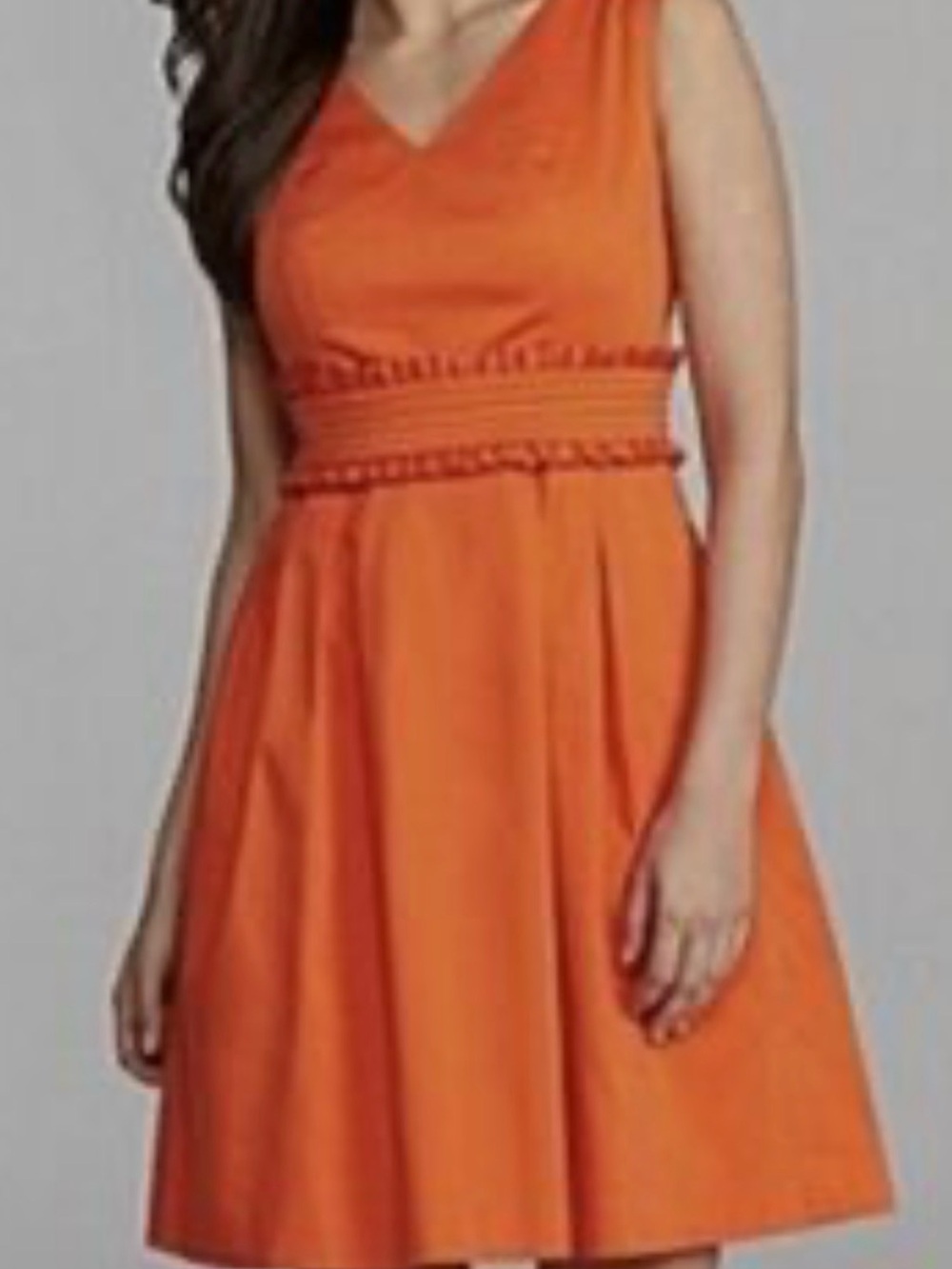 Alex Marie Papaya Orange V-Neck Midi Dress with Waist Trim